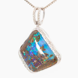 White Gold Blue Green Boulder Opal and Diamond Pendant
