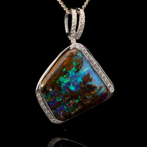 White Gold Blue Green Boulder Opal and Diamond Pendant