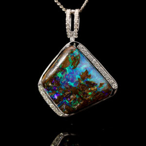 White Gold Blue Green Boulder Opal and Diamond Pendant