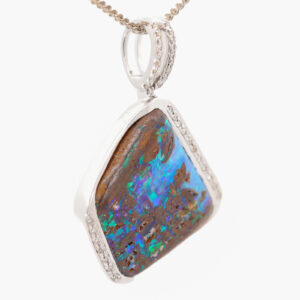 White Gold Blue Green Boulder Opal and Diamond Pendant