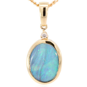 Yellow Gold Blue Green Boulder Opal and Diamond Pendant
