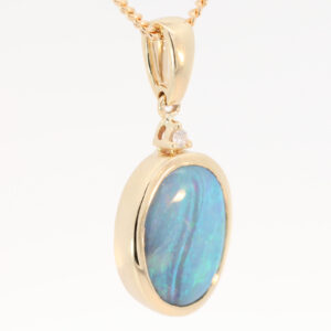 Yellow Gold Blue Green Boulder Opal and Diamond Pendant