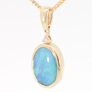 Yellow Gold Blue Green Boulder Opal and Diamond Pendant