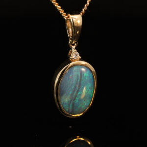 Yellow Gold Blue Green Boulder Opal and Diamond Pendant