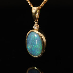 Yellow Gold Blue Green Boulder Opal and Diamond Pendant