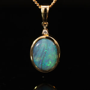 Yellow Gold Blue Green Boulder Opal and Diamond Pendant