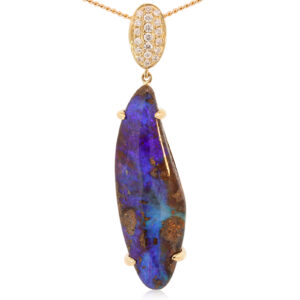 Yellow Gold Blue Purple Boulder Opal and Diamond Pendant