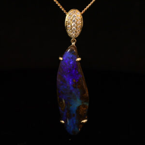 Yellow Gold Blue Purple Boulder Opal and Diamond Pendant