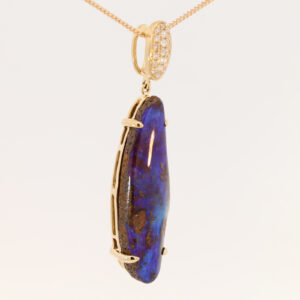 Yellow Gold Blue Purple Boulder Opal and Diamond Pendant