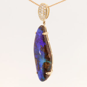 Yellow Gold Blue Purple Boulder Opal and Diamond Pendant
