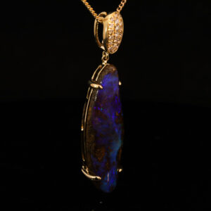 Yellow Gold Blue Purple Boulder Opal and Diamond Pendant