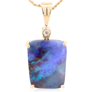 Yellow Gold Blue Green Purple Boulder Opal and Diamond Pendant