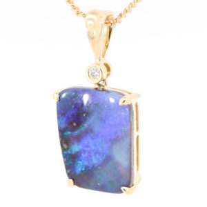 Yellow Gold Blue Green Purple Boulder Opal and Diamond Pendant