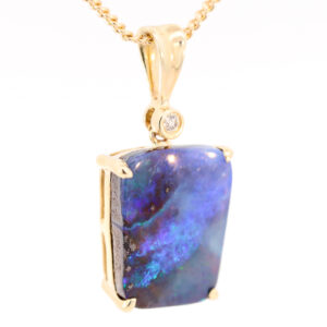 Yellow Gold Blue Green Purple Boulder Opal and Diamond Pendant