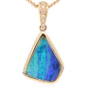 Yellow Gold Blue Green Purple Boulder Opal and Diamond Pendant