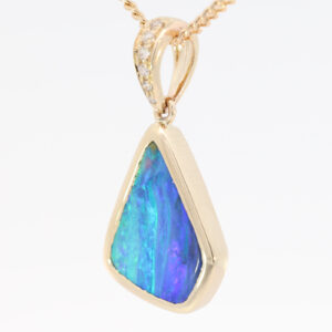 Yellow Gold Blue Green Purple Boulder Opal and Diamond Pendant