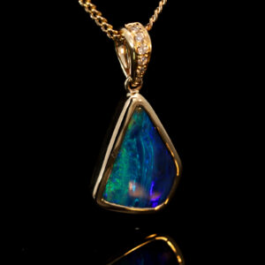 Yellow Gold Blue Green Purple Boulder Opal and Diamond Pendant
