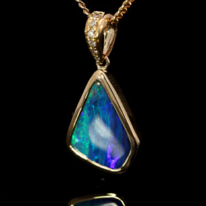 Yellow Gold Blue Green Purple Boulder Opal and Diamond Pendant