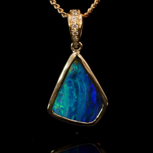 Yellow Gold Blue Green Purple Boulder Opal and Diamond Pendant