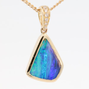 Yellow Gold Blue Green Purple Boulder Opal and Diamond Pendant