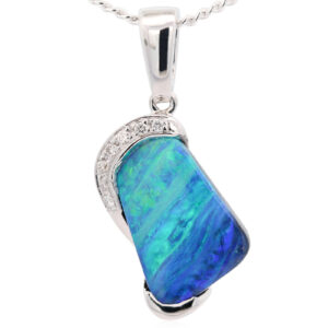 White Gold Blue Green Purple Boulder Opal and Diamond Pendant