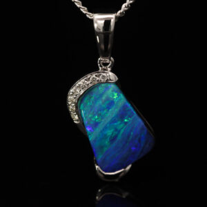 White Gold Blue Green Purple Boulder Opal and Diamond Pendant