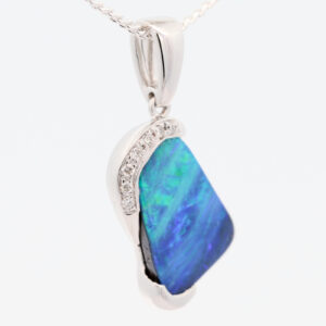White Gold Blue Green Purple Boulder Opal and Diamond Pendant