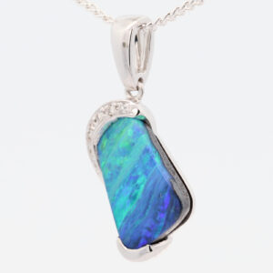 White Gold Blue Green Purple Boulder Opal and Diamond Pendant