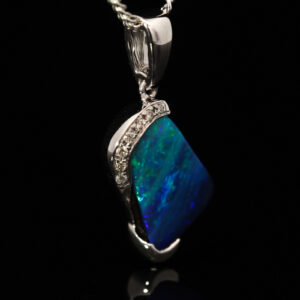White Gold Blue Green Purple Boulder Opal and Diamond Pendant