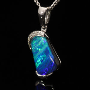 White Gold Blue Green Purple Boulder Opal and Diamond Pendant