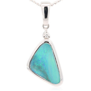 White Gold Blue Green Boulder Opal and Diamond Pendant