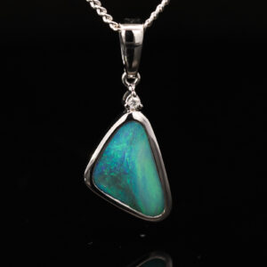 White Gold Blue Green Boulder Opal and Diamond Pendant