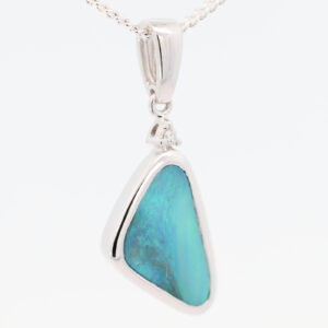 White Gold Blue Green Boulder Opal and Diamond Pendant