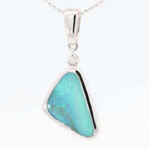 White Gold Blue Green Boulder Opal and Diamond Pendant