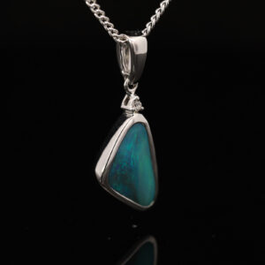 White Gold Blue Green Boulder Opal and Diamond Pendant