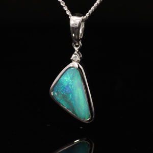 White Gold Blue Green Boulder Opal and Diamond Pendant