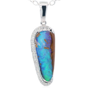 White Gold Blue Green Boulder Opal and Diamond Pendant