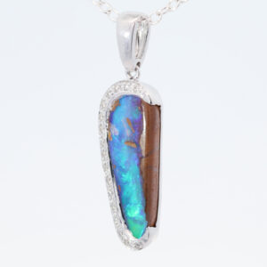 White Gold Blue Green Boulder Opal and Diamond Pendant