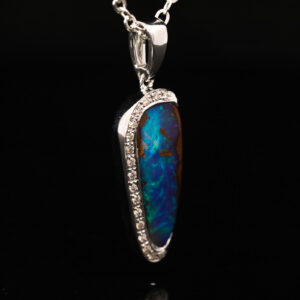 White Gold Blue Green Boulder Opal and Diamond Pendant