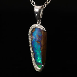 White Gold Blue Green Boulder Opal and Diamond Pendant
