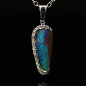 White Gold Blue Green Boulder Opal and Diamond Pendant