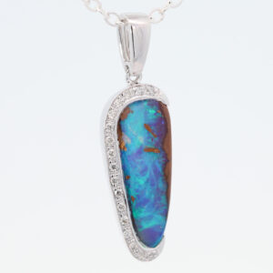 White Gold Blue Green Boulder Opal and Diamond Pendant