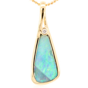 Yellow Gold Blue Green Boulder Opal and Diamond Pendant