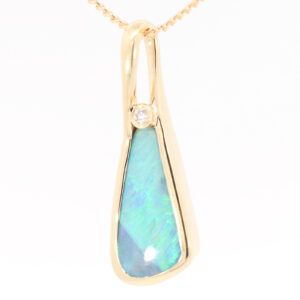 Yellow Gold Blue Green Boulder Opal and Diamond Pendant