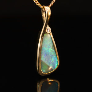 Yellow Gold Blue Green Boulder Opal and Diamond Pendant