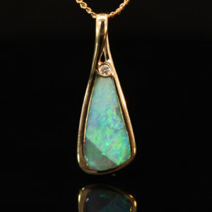 Yellow Gold Blue Green Boulder Opal and Diamond Pendant