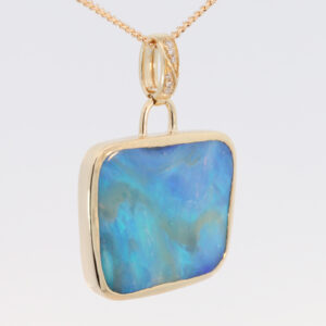 Yellow Gold Blue Green Boulder Opal and Diamond Pendant
