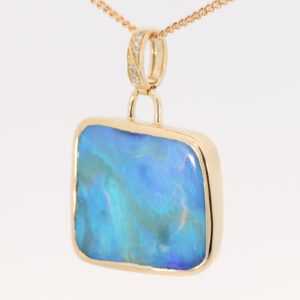 Yellow Gold Blue Green Boulder Opal and Diamond Pendant