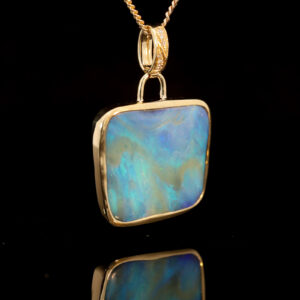 Yellow Gold Blue Green Boulder Opal and Diamond Pendant
