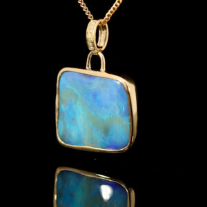 Yellow Gold Blue Green Boulder Opal and Diamond Pendant